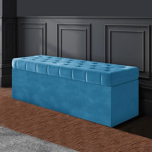 R&M Furnishers SD Chesterfield Ottoman Storage Box - Duck Egg Plush Velvet Storage ottoman- Ottoman Footstool with Storage - Chesterfield Upholstered Coffee Table- End of Bed Storage Bench