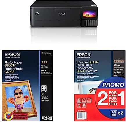 Epson EcoTank ET-8550 3-in-1 Tinten-Multifunktionsgerät & Foto Papier glänzend A3 20 Blatt 1er-Pack & Premium Glossy Photo Paper Inkjet 255g/m2 A4 2x15 Blatt Pack