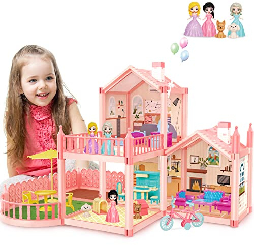 deAO Casa delle Bambole con Mobili e Accessori,Casetta Bambole con 2 Piani, 3 Camere da Letto, Balcone, 3 Bambole, 17 Mobili, Biciclette,Regalo per Bambina per 3 4 5 6 7 8 Anni, LY233-03