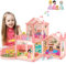 deAO Villa Casa de Muñecas de 40cm con Muebles y Accesorios incluidos, Dollhouse 2 Pisos, 3 Habitación, Balcón, 3 Muñeca, 17 Muebles, Bicicletas, Juguetes Niños y Niñas Desde 1 2 3 años (Rosa)