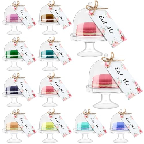 Maxcheck 12 Set Mini Cake Stand with Lid Plastic Cupcake Stand Plate Dome Cover Tea Party Cake Dome Clear Dessert Tray Display Stand with Eat Me Tags for Birthday Wedding Party Supplies