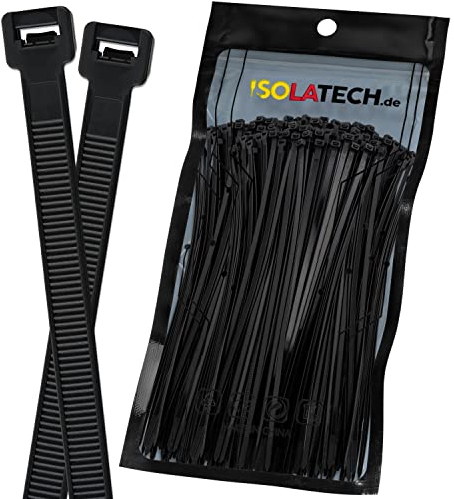 ISOLATECH Colliers de serrage Noir Résistant aux UV 500 pièces 250mm x 4,8mm grand petit long large fin extra fort indéchirable verrouillable qualité industrielle Nylon Set Sélection