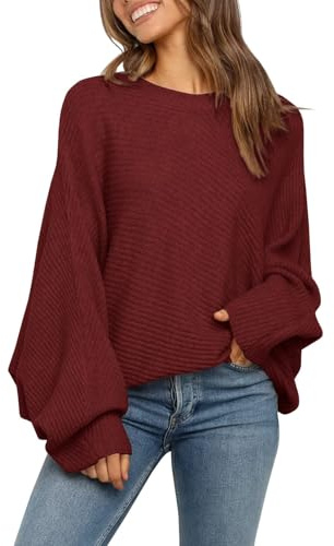 Fessceruna Jersey de Mujer Oversize Manga murciélago Jersey de Punto Jersey de Cuello Redondo para Invierno Sudadera Acanalada