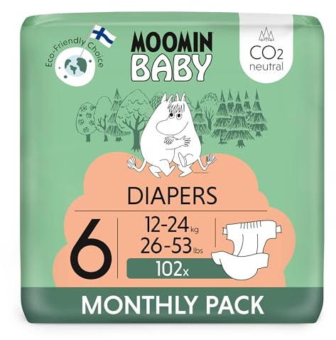 Moomin Baby Eco Nappies Size 6 Monthly Pack, 12-24 kg (26-53 lbs), 102 Sensitive Premium Diapers with Leakage Barrier, Soft and Skin Friendly, No Unnecessary Chemicals