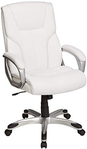 Amazon Basics Executive High Back Office Desk Chair, Adjustable Height, Tilt, Swivel, 275lb Capacity, Bonded Leather, White/Pewter