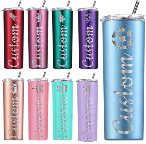 Amlion Personalisierter Becher – mit Lasergravur des Namens, 20 oz Edelstahlbecher, schmale Becher mit Deckel und Strohhalm als Geschenk für Frauen und Männer – 13 Farben und 42 Symbole