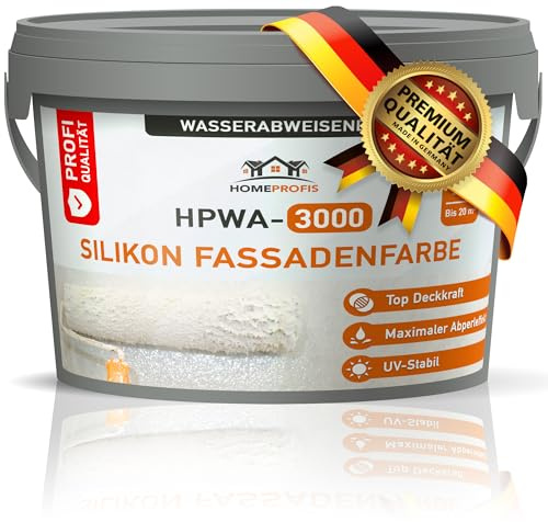 Home Profis® Silikon Fassadenfarbe Weiß | Mit zuverlässigem Abperleffekt | 100% UV stabil | Sehr gute Deckkraft | Zum Färben & Ausbessern | Profi Qualität | HPWA-3000 (5 Liter | Bis 20 m²)