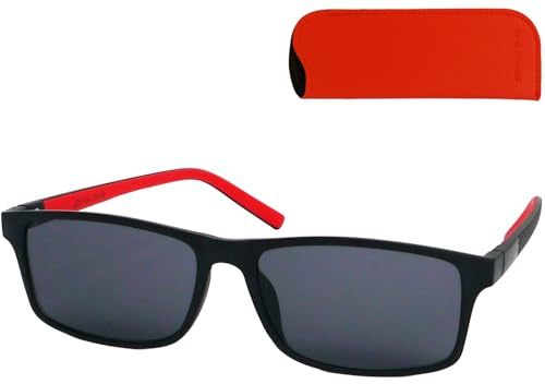 Mini Brille Flex Sonnenbrille mit Sehstärke, Kunststoff Rahmen L Groß Rechteckig mit flexiblen Bügeln Schwarz mit Rotem Akzent, Trend Etui, Lesesonnenbrille Herren und Damen 1.5 Dioptrien