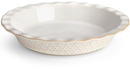 MALACASA 9 Inch Ceramic Pie Dish for Baking with Unique Kiln-Fired Glaze, Non-Stick Fluted Tart Pan, Hexagon Embossed Edge, 45oz, Perfect for Pies, Quiches, Tarts & Desserts, (Series Lydia, 1PC)
