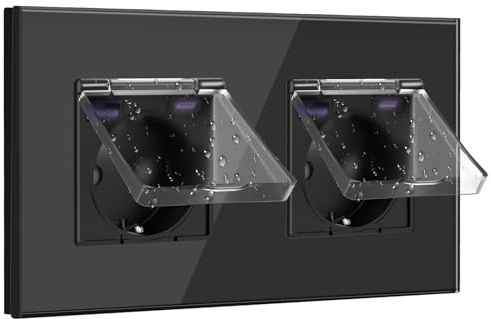 BSEED Schuko Steckdose 20W Schnellladegerät mit Wasserdichter Abdeckung,Doppelsteckdose Unterputz mit USB C,Steckdosen Abdeckung 16Amp Ideal für Feuchträume,Outdoor&Indoor Verwendung,2 Fach Schwarz