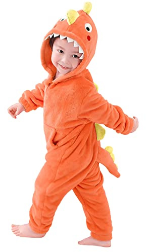 LOLANTA Unisex Kids Dinosaur Costume, One-Piece Hooded Flannel Animal Outfit Fancy Dress Romper