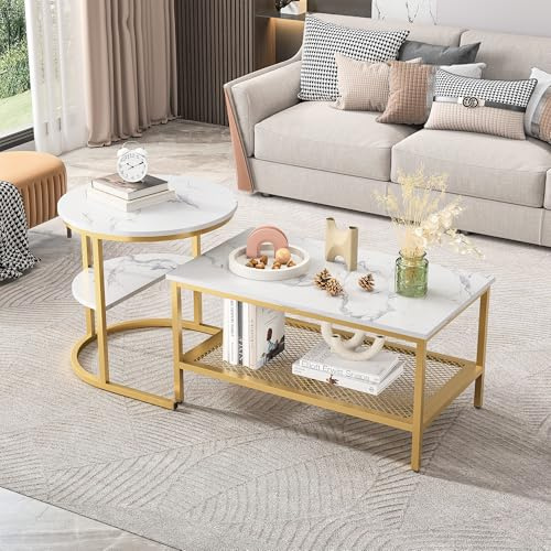 MISNODE Set med 2 moderna soffbord, rektangulärt bord med runt sidobord, set med moderna soffbord med fuskmarmormönster (guld)