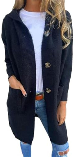 Cardigan Con Bottoni E Cappuccio Da Donna, Cardigan Casual A Maniche Lunghe In Maglia A Coste Da Donna, Cardigan Spolverino Con Cappuccio, Cappotto Ampio Abbottonato A Maniche Lunghe (3XL,Nero)