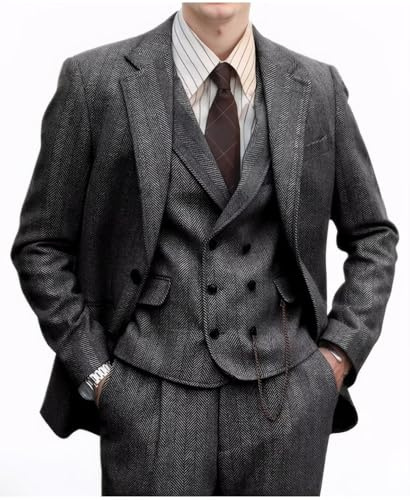 Herrenanzug aus Tweed, Fischgrätenmuster, 3-teilig, formelle 2-Knopf-Wolljacke, Kleid, Weste, Hose, Herren, Hochzeit, Abschlussball, Smoking, Hellgrau, XL