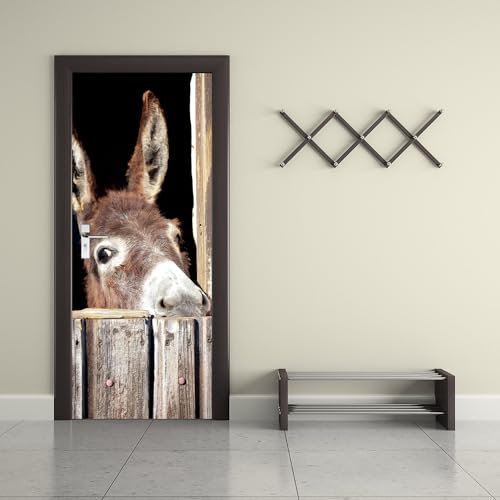 Papel pintado autoadhesivo para puerta Animal burro póster 3D Adhesivo para puerta Lámina para puertas interiores, dormitorio, sala de estar, baño, decoración de casa 77 x 200cm(An x Al)