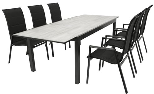 DEGAMO Gartengarnitur Sitzgruppe FARO 7-teilig (6X Stapelsessel Hochlehner Kunstgewebe gepolstert schwarz, 1x Ausziehtisch Aluminium + Glas Keramikoptik 180/240x100cm, anthrazit), Outdoor