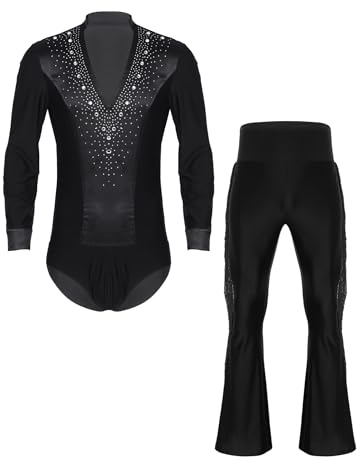 Moggemol Men's Latin Tango Dance Outfits Rhinestones Leotard with Flared Pants Figure Skating Costume