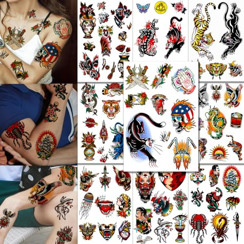 CHARLENT American Traditional Temporary Tattoos for Adults, 9 Sheets | Vintage Old School Fake Tattoo Stickers, Large Designs for Men Women Body Art