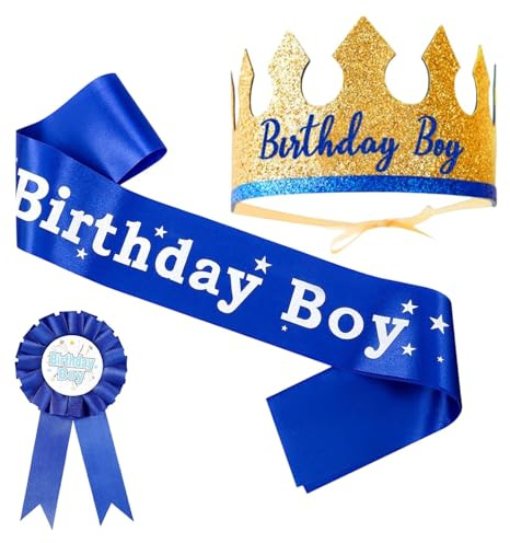 Birthday Party Set for Boys – 3PCS Blue Crown Hat, Birthday Sash & Badge – Adjustable Birthday Boy Hat & Accessories for Kids Party Celebration & Photo Props