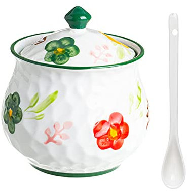 récipient à sucre， Pots à épices, sucrier à fleurs dessinées à la main avec couvercle et cuillère, Pot à sucre, boîte d'assaisonnement-Pot de 750ml(Green)