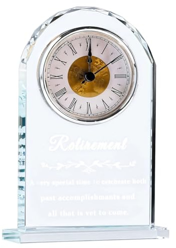 yeeplant Reloj de mesa de cristal personalizado para jubilación, medio arco, números romanos, esfera de metal, grabado personalizado