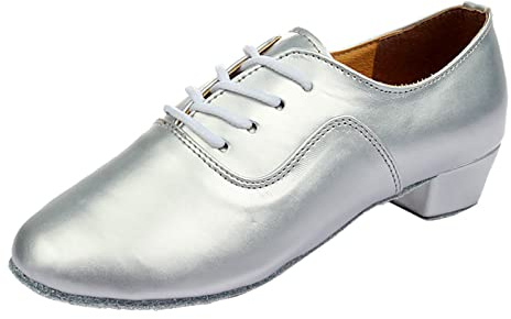 Scarpe da Danza Uomo per Sera Spettacolo Scarpe da Danza Salone Latina Tango per Uomini Adulti Metallico Lucido Stiletti Piccolo Tacco Comfort Mocassini Mocassini Scarpa Uomo Pelle, 01 Argento, 44 EU