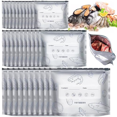 HZOUHONG 30 Stück Gefrierbeutel Wiederverwendbar, 3 Größe Gefrierbeutel Zipper, Aufbewahrungsbeutel aus Aluminiumfolie, Zip Beutel für Meeresfrüchten, Gemüse, Milch, Snacks, Fleisch