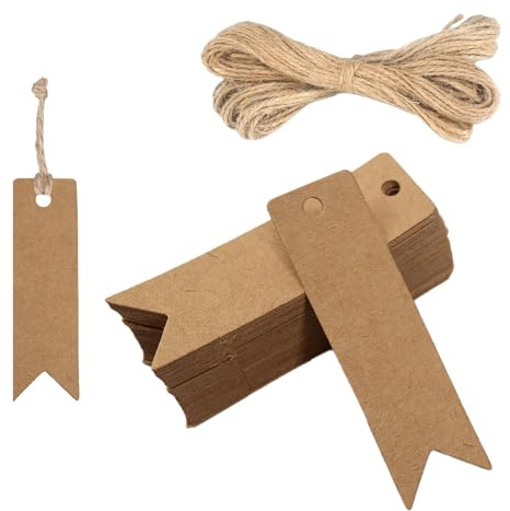 100 Etiquetas de Regalo, Etiquetas de Regalo de Papel Kraft De 2 X 7 Cm Con Cordón de Yute de 20 M, Adecuadas Para Bodas, Manualidades,Marrón