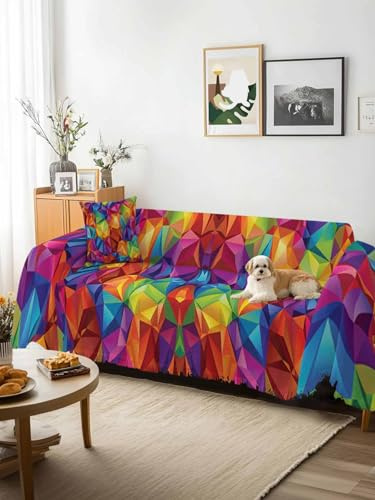 Colorful Geometric Sofa Cover Blanket Couch Covers for Armchair Cushion,Couch Sofa Silpcover with Tassel,Modern Rainbow Ombre Abstract Art Living Room Bedroom Throw Towel Blanket Covers XX-L 71x150