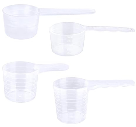 4 cucharas medidoras, cucharas dosificadoras transparentes con escala de 100/70/50/40 ml, dosificador de detergente, cucharas dosificadoras de plástico para leche en polvo, proteína en polvo, harina