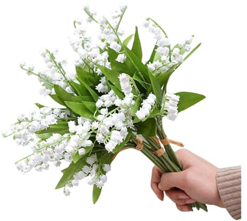 kkrrammii 12 Pcs Lily of the Valley Artificial Flowers Faux Lily of the Valley Bouquet White Spring Flower Bundles Plastic Silk Floral Stems for Wedding Bridal Table Centerpiece Home Decorations