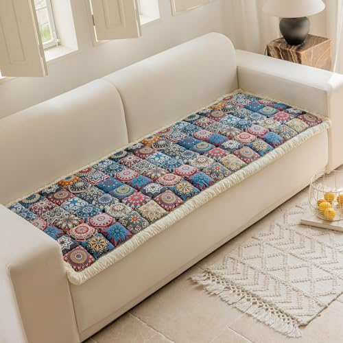 AEEISHOMEREFORM Sofaüberzug Baumwolle rutschfest – Dick Gepolsterte Sofaschoner mit Boho-Mandala Muster, Universal Couchdecke für Haustiere & Kinder, Maschinenschonwäsche (Ozean Blau, 70 x 180 cm)