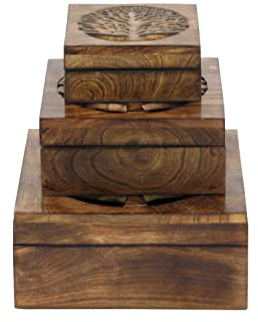 Deco 79 Wood Tree Handmade Decorative Box Decorative Keepsake Boxes with Hinged Lid, Set of 3 Storage Boxes, Brown