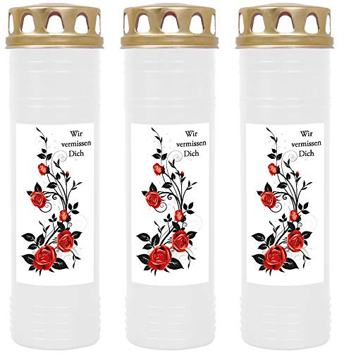 HScandle Lot de 3 Bougies funéraires avec couvercles dorés et Roses Blanc 170 h