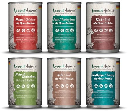 Venandi Animal Premium cibo umido per gatti, confezione di prova III, pollo, tacchino, manzo, pollo + coniglio, vitello, tacchino, 6 x 400 g, senza cereali e naturale, 2.4 kg