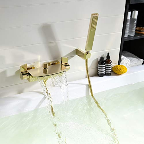 Badewannenarmatur Wasserfall Armatur Badewanne Mischbatterie mit Brause Wannenarmatur,Wannenarmatur Wasserfall,Armatur Badewanne Set, Messing badewannenarmaturen (Gold)