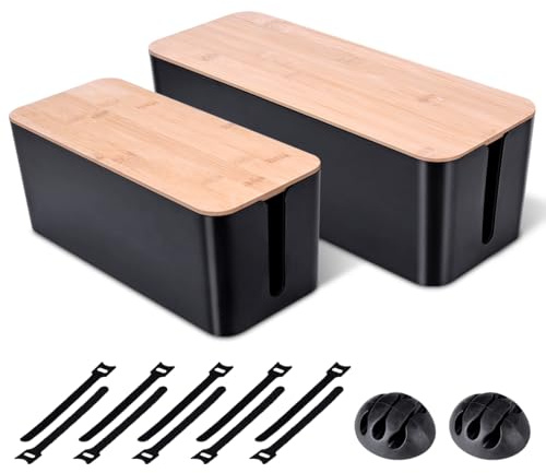 2 Pack Large Cable Management Box – Wooden Style Cord Organizer Box and Cover for TV Wires, Computer, Router, USB Hub and Under Desk Power Strip – Safe ABS Material and Baby-Pets Proof Lock (Black)