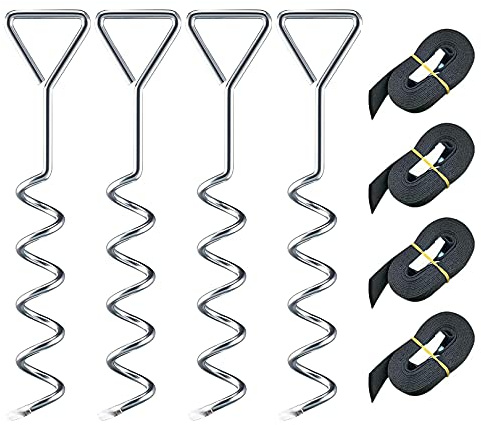 Raroauf Trampolin Erdanker,Trampolin Befestigung Boden Spiral Bodenanker Anker Set mit 4X Spiral Haken zur Sicherung bei Wind Stark Stahl-Schnallen