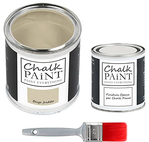 CHALK PAINT EVERYTHING Beige Freddo & FINITURA + PENNELLO - Kit Pronto Vernicia e Proteggi (750 ml Colore + 250 ml Finitura + Pennello Professionale 40 mm)