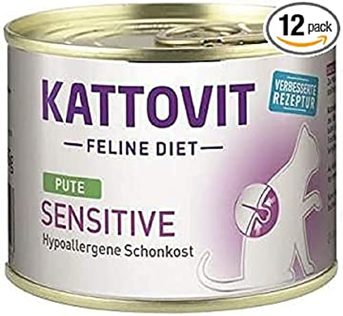 KATTOVIT - Sensitive Nassfutter für Katzen | Diät-Katzenfutter als Alleinfuttermittel. Gluten- & getreidefrei | Hypoallergen, für ausgewachsene Katzen | 12 x 85 g Pute
