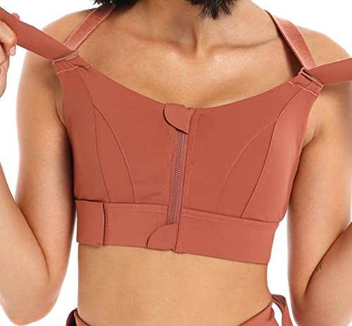 CLOUSPO Women Sports Bra Front Fastening High Impact Zip Front Post Surgery Running Yoga Bras Crop Top with Adjustable Straps