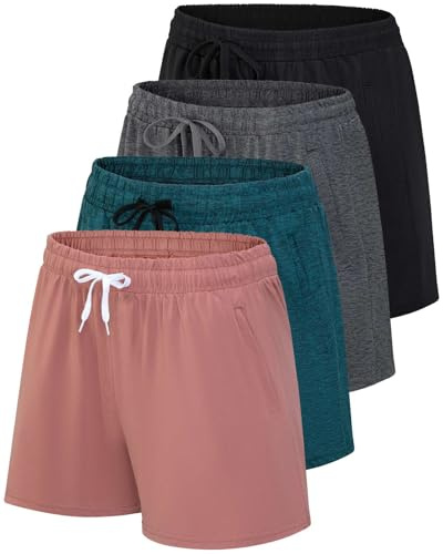 Real Essentials 4 Pack: Womens Athletic Dry-Fit Lounge Shorts with Zipper Pockets (Available in Plus Size)
