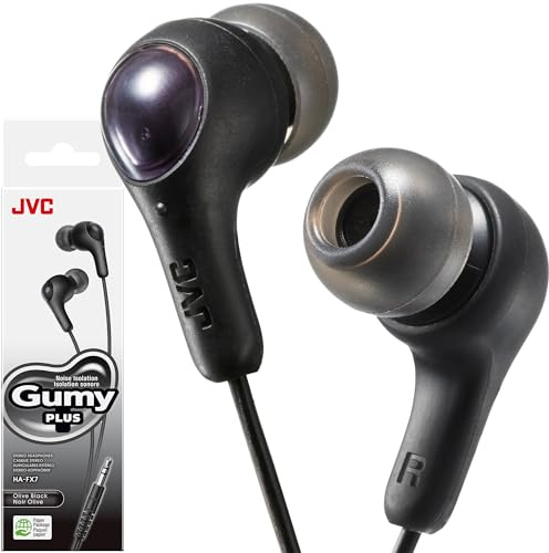 JVC Gumy in Ear Earbud Headphones with Paper Package, Powerful Sound, Comfortable and Secure Fit, Silicone Ear Pieces S/M/L - HAFX7BN (Black)