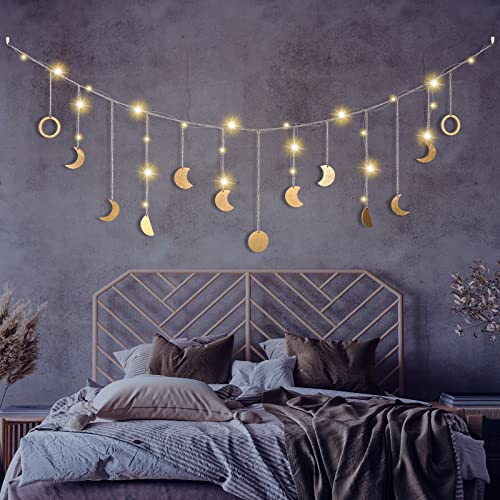 Mondphasen Girlande mit LED Lichterkette, Gold Wanddeko Boho, 144 cm 13 Monde Mond Girlande Aesthetic Boho Deko Girlande, Wandbehang Decor, Geburtstagsgeschenk Muttertagsgeschenk
