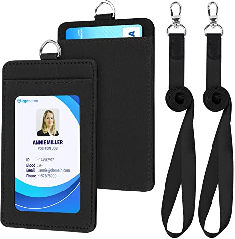 2 Stück Ausweishülle Kartenhülle mit Schlüsselband, Mit 2 Kartenfächernmit, PU Leder ID Card Holder, Ausweishalter Abzeichen Kit,Für Geschäftsereignisse, Arbeit, Büro, Schwarz
