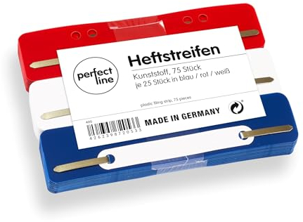 perfect line - 75 Heftstreifen (3x25 Stk.), recycelbarer Kunststoff, 3 Farben (Rot, Blau, Weiß), Made in Germany