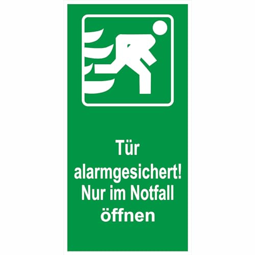 Indigos UG - Schild Tür alarmgesichert! Nur im Notfall öffnen Rettungs-Kombischild 7,40x14,80 cm - Warnung - Sicherheit - Hotel, Firma, Haus - Aluverbundplatte 3mm - Hinweisschild - Warnschild