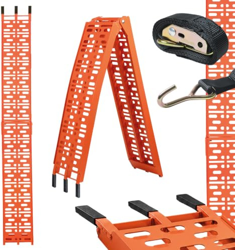 TRUTZHOLM 1x Auffahrrampe klappbar 228 cm Tragkraft 340 kg Aluminium orange | Faltbare Motorradrampe Verladerampe für Motorrad ATV Quad Fahrrad E-Bike mit gelochter Lauffläche inkl. Spanngurt