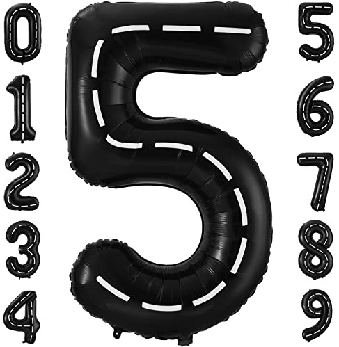 Race Car Number 5 Balloons, 40 Inch Birthday Balloons Two Fast Balloon Race Track Black 5 Balloon Number for Cars Theme Birthday Party