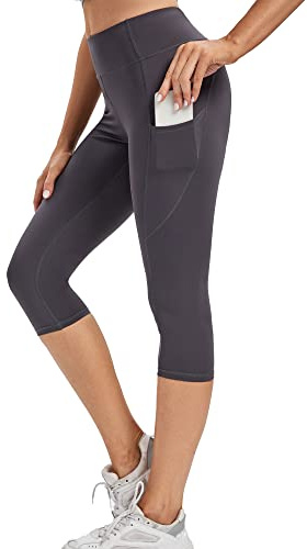 adorence Capri Leggings för Kvinnor med Fickor, 3/4 Hög Midja Sport Leggings för Kvinnor, Naken Känsla Träning Gym Stretchig Magkontroll Opaque Yoga Pants-X029 Mörkgrå XS